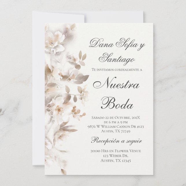 Convites Casamento floral de bege espanhol (Frente)