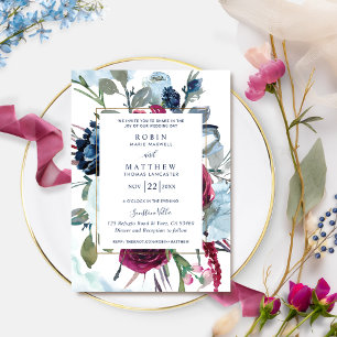 Convites Casamento Floral de Berry Blue Burgundy