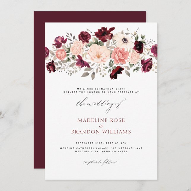 Convites Casamento Floral de Blush Burgundy Elegante (Frente/Verso)