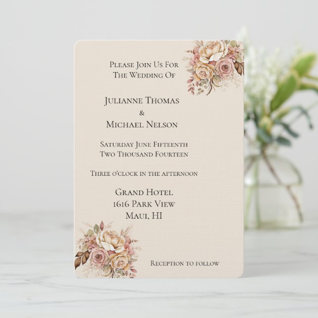 Convites Casamento Floral de Blush Cream Boho (Em pé/Frente)