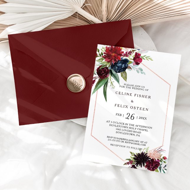 Convites Casamento Floral de Blush do Marinho Burgundy Mode (Criador carregado)