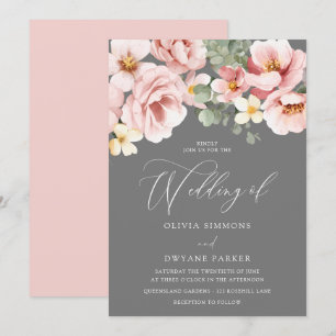Convites Casamento Floral de Blush e Cinza de Aquarela