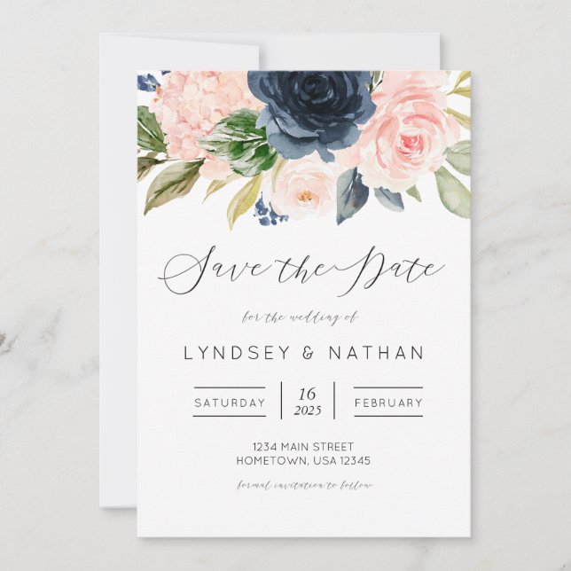 Convites Casamento Floral de Blush e Marinho Salve a Data (Frente)