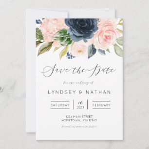 Convites Casamento Floral de Blush e Marinho Salve a Data