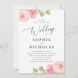 Convites Casamento floral de blush rosa em aquarela elegant