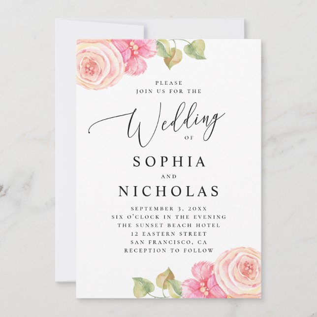 Convites Casamento floral de blush rosa em aquarela elegant (Frente)
