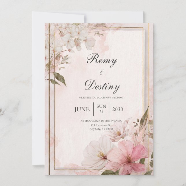 Convites Casamento Floral de Blush Watercolor (Frente)