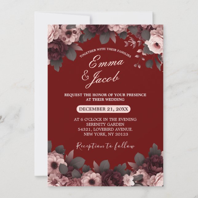 Convites Casamento Floral de Boho Boho, Rosa-Rosa-Esmagada  (Frente)