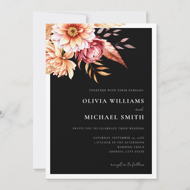 Convites Casamento Floral de Boho Negro Minimalista (Frente)
