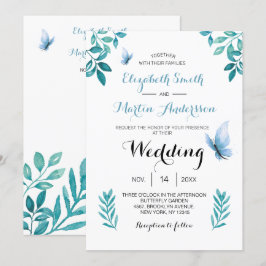Convites Casamento floral de borboleta azul de aquarela doc