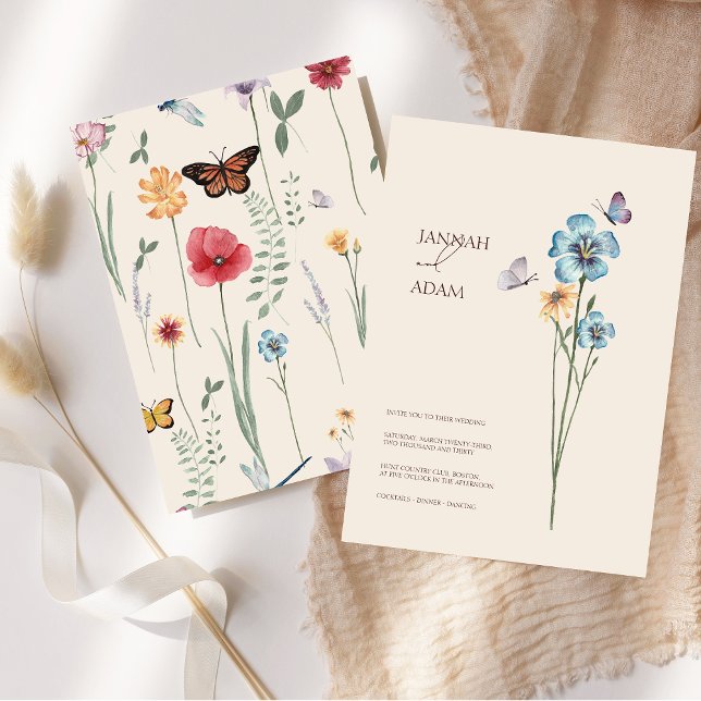 Convites Casamento Floral de Borboletas de Flor Azul Simple (Simple Blue Wildflower Butterflies Floral Wedding Invitation)