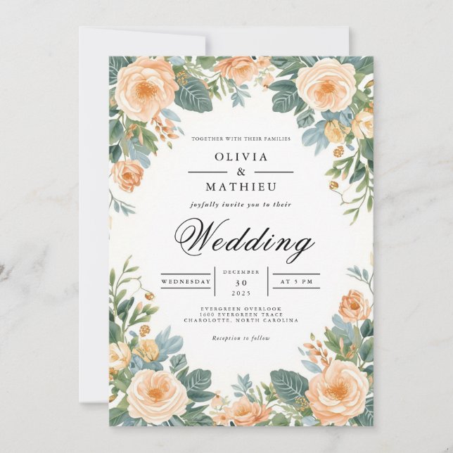 Convites Casamento Floral de Borda Pastel Peach (Frente)