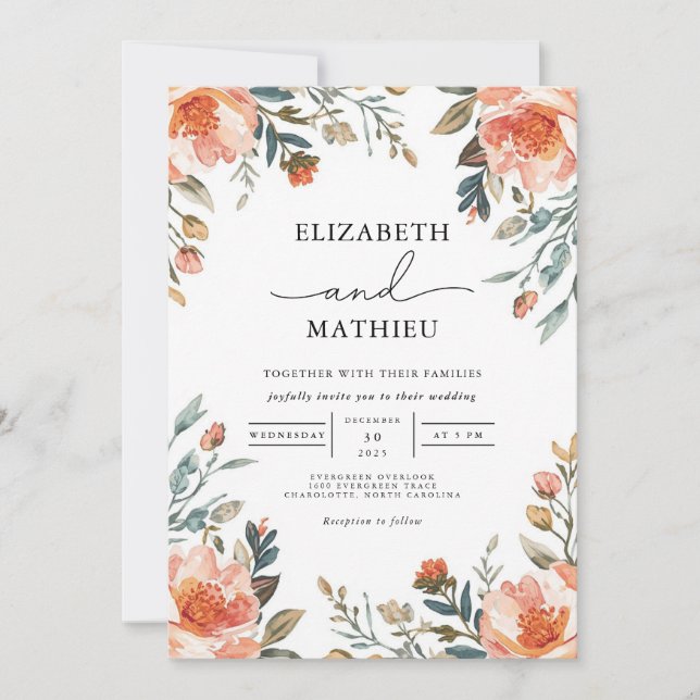 Convites Casamento Floral de Borda Peach Blossom (Frente)
