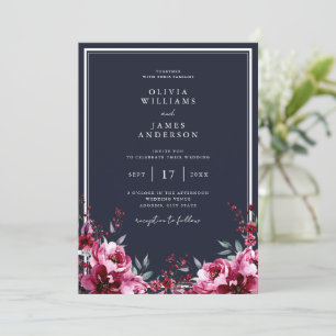 Convites Casamento Floral de Borgonha Azul-Marinho Elegante