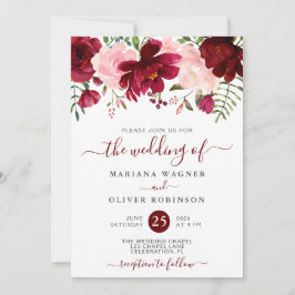 Convites Casamento Floral de Borgonha e Cor de Água Rosa In