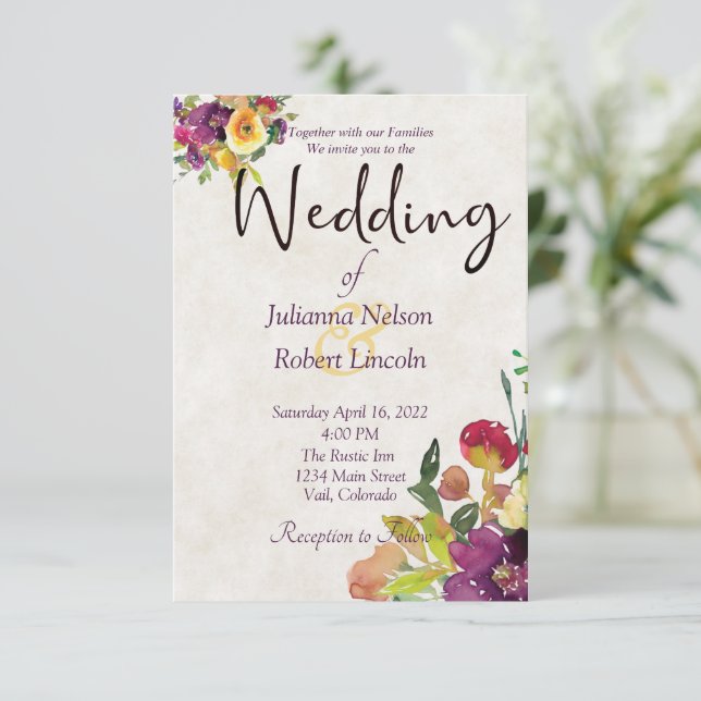 Convites Casamento floral de Borgonha e de Aquarela amarela (Em pé/Frente)