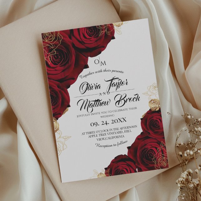 Convites Casamento Floral de Borgonha e ⎮ Dourada Rosa verm (Criador carregado)