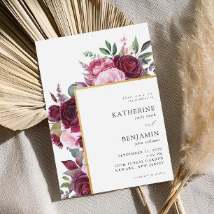 Convites Casamento Floral de Borgonha e Elegante Rosa