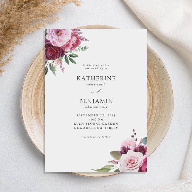 Convites Casamento Floral de Borgonha e Elegante Rosa (Criador carregado)