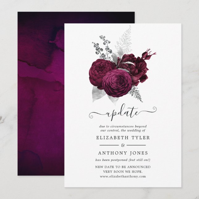 Convites Casamento Floral de Borgonha e Prata (Frente/Verso)