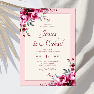 Convites Casamento Floral de Borgonha Rosa-Rosa Elegante