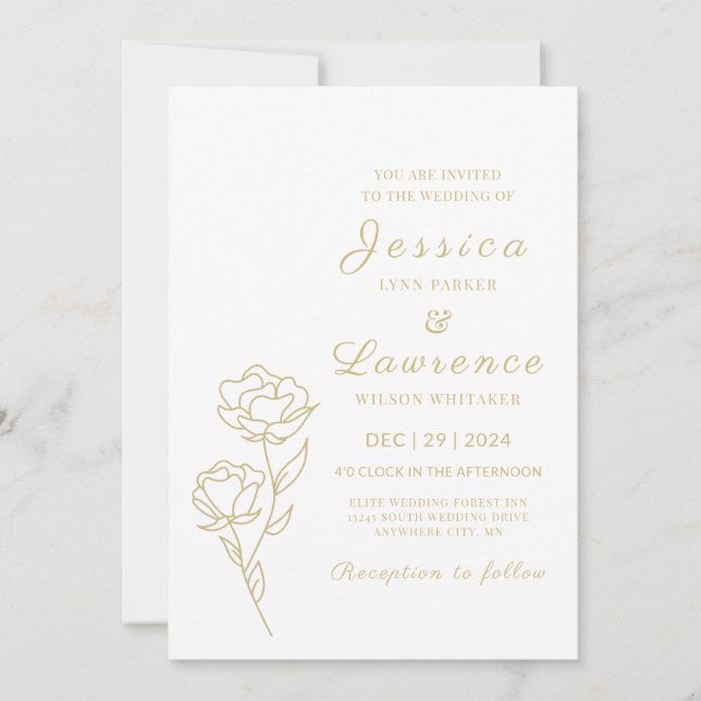 Convites Casamento Floral de Branco e Ouro Moderno Elegante (Frente)