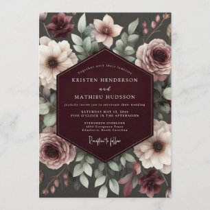 Convites Casamento Floral de Brocado Borgonha
