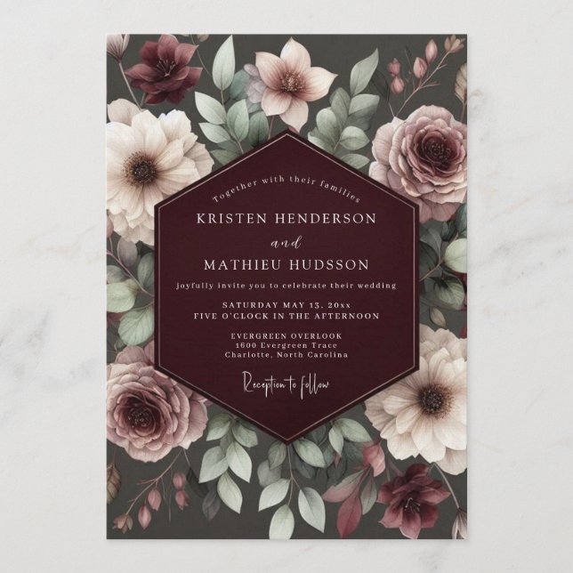 Convites Casamento Floral de Brocado Borgonha (Frente)