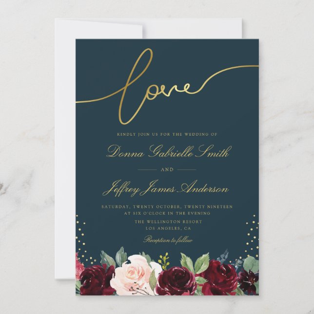 Convites Casamento floral de burgundy com script de ouro e  (Frente)