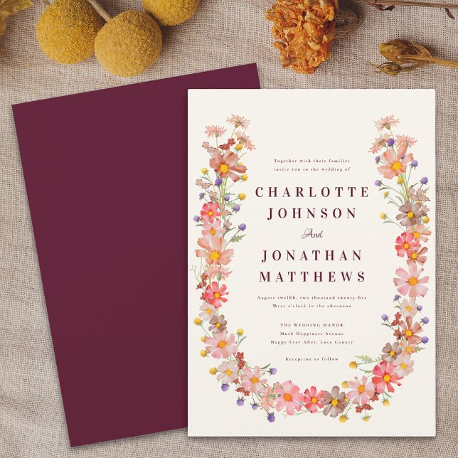 Convites Casamento Floral de Burgundy Fall (Burgundy fall floral wedding invitation boho watercolor wildflower wreath)