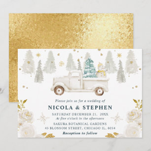 Convites Casamento Floral de Caminhão Branco e Dourado de I