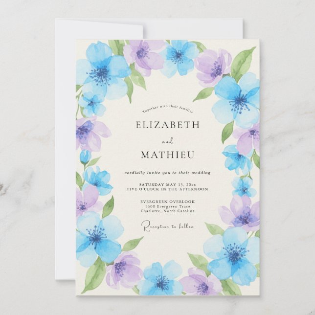 Convites Casamento Floral de Campo Azul Miosótis (Frente)