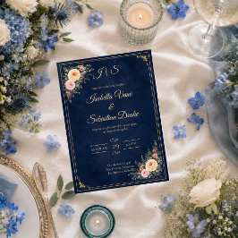 Convites Casamento Floral de Canto Azul Elegante