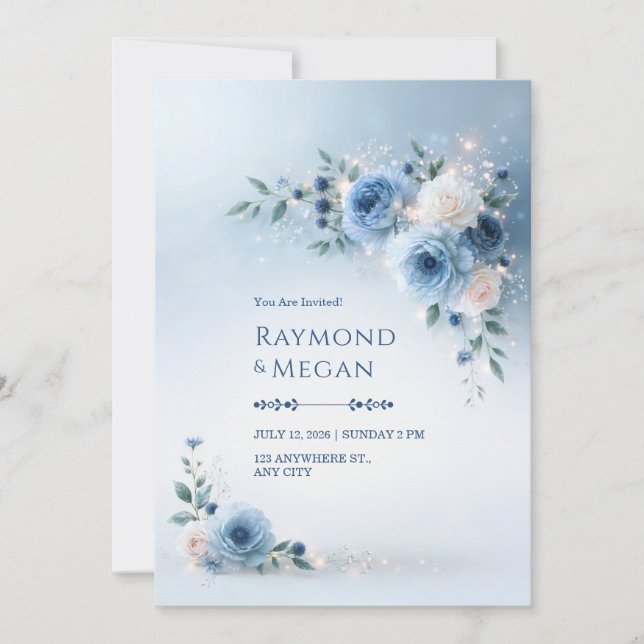 Convites Casamento Floral de Canto com Peônia Azul Pó (Frente)
