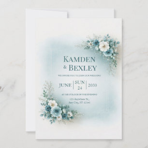Convites Casamento Floral de Canto em Aqua Suave