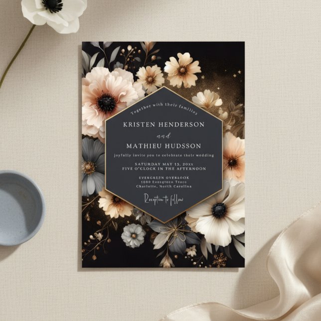 Convites Casamento Floral de Carvão Opulento Romance (Criador carregado)