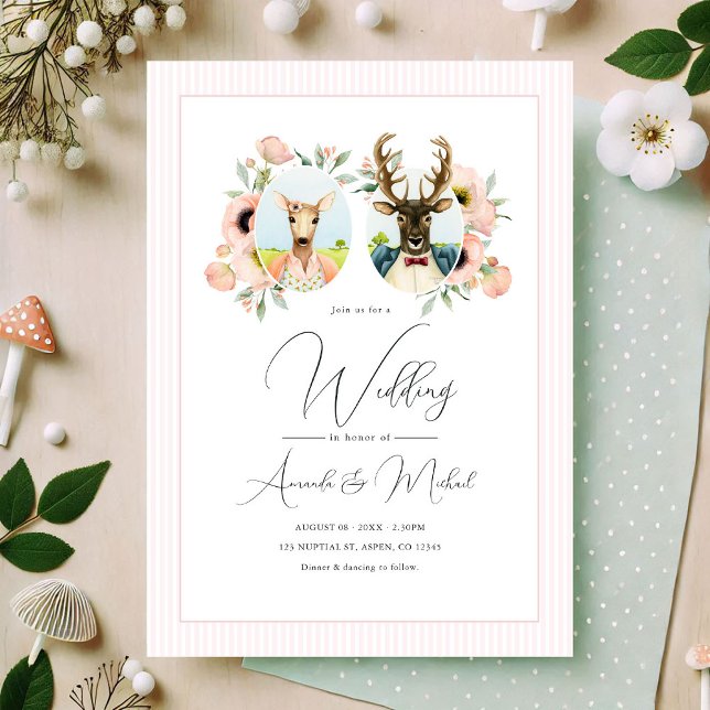 Convites Casamento Floral de Casal de cervo (Whimsical Deer Couple Floral Wedding Invitation)