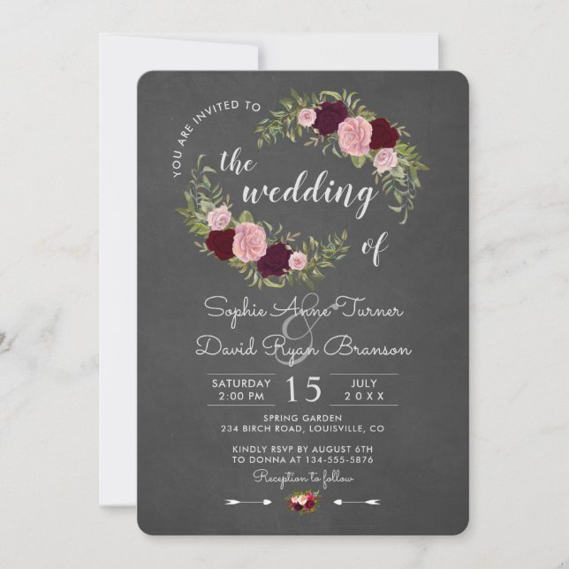 Convites Casamento Floral de Chalkboard Rustic Marsala (Frente)