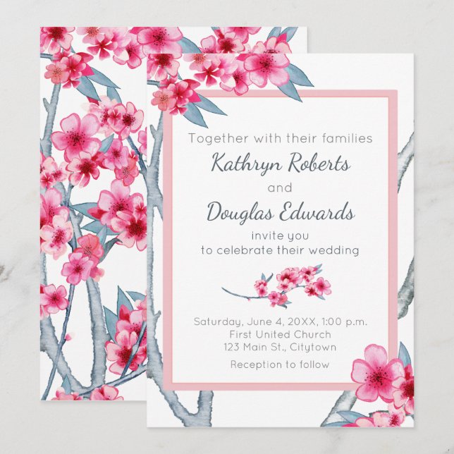 Convites Casamento Floral de Cherry Blossom (Frente/Verso)