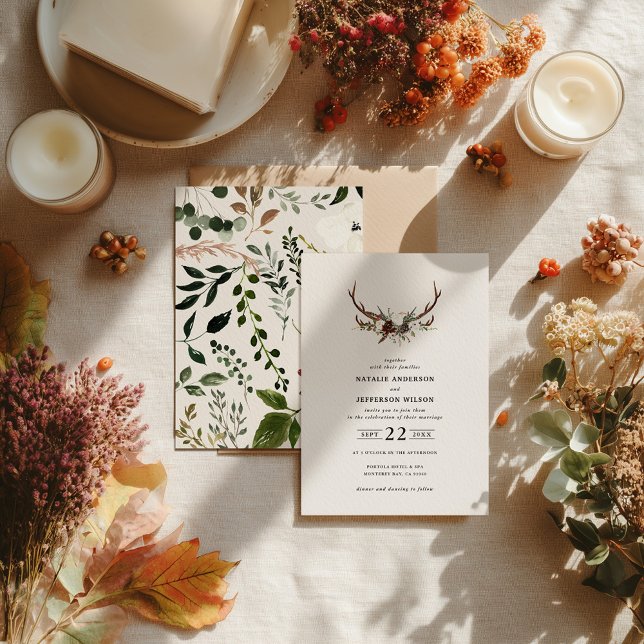 Convites Casamento Floral de Chifre Rústico Boho Floresta C (Criador carregado)