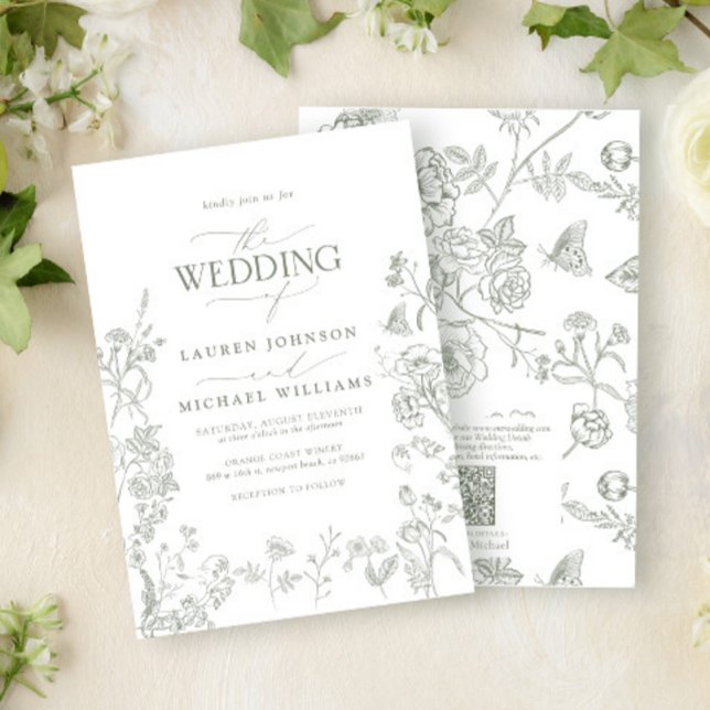 Convites Casamento Floral de Chinoiserie Verde Elegante (Criador carregado)