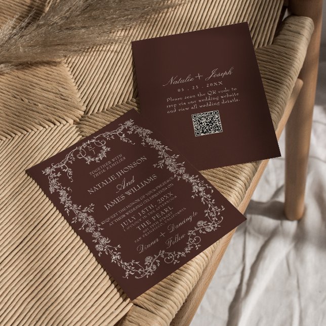 Convites Casamento Floral de Chocolate Marrom Código QR com (Criador carregado)