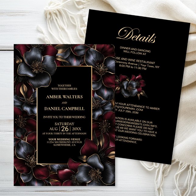 Convites Casamento Floral de Cinza Negra Borgonha (Criador carregado)
