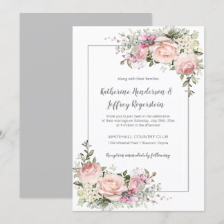 Convites Casamento Floral de Cinza Verde Rosa Esbranquiçada