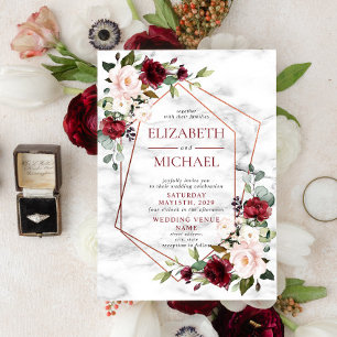 Convites Casamento Floral de Cobre Marble Geométrico Burgun