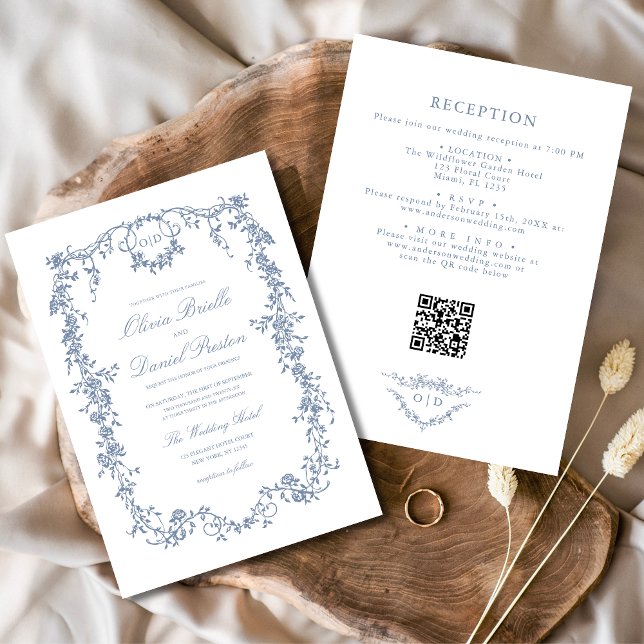 Convites Casamento Floral de Código QR Azul Vitoriano (Criador carregado)