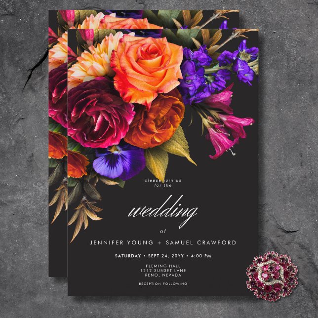 Convites Casamento Floral de Colheita de Vibrantes Elegante (Elegant Moody Vibrant Harvest Floral Wedding Invitation)