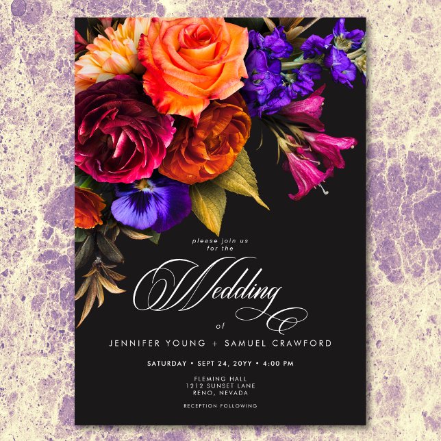 Convites Casamento Floral de Colheita de Vibrantes Elegante (Elegant Moody Vibrant Harvest Floral Wedding Invitation)