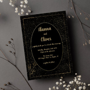 Convites Casamento floral de confete dourado preto clássico
