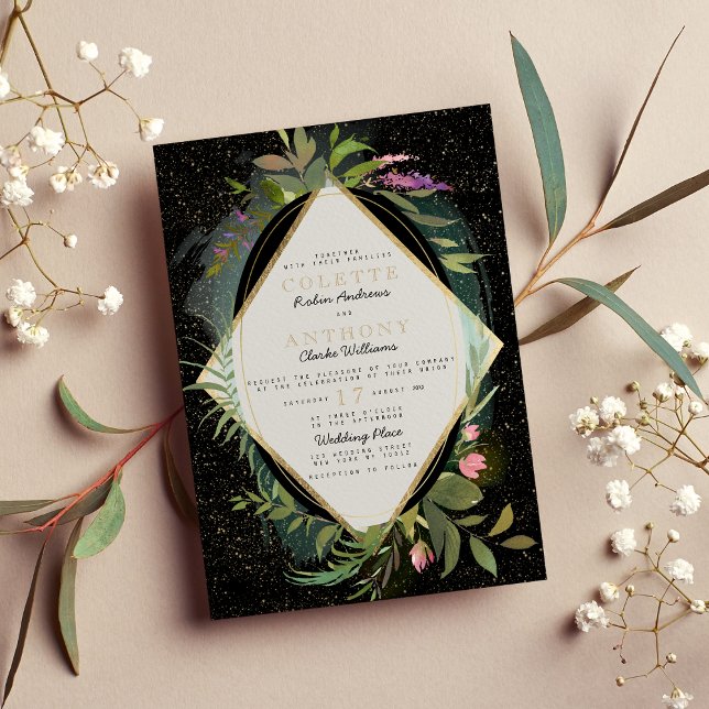 Convites Casamento floral de confete verde-rosa-preto (Black pink green faux gold confetti floral Wedding )